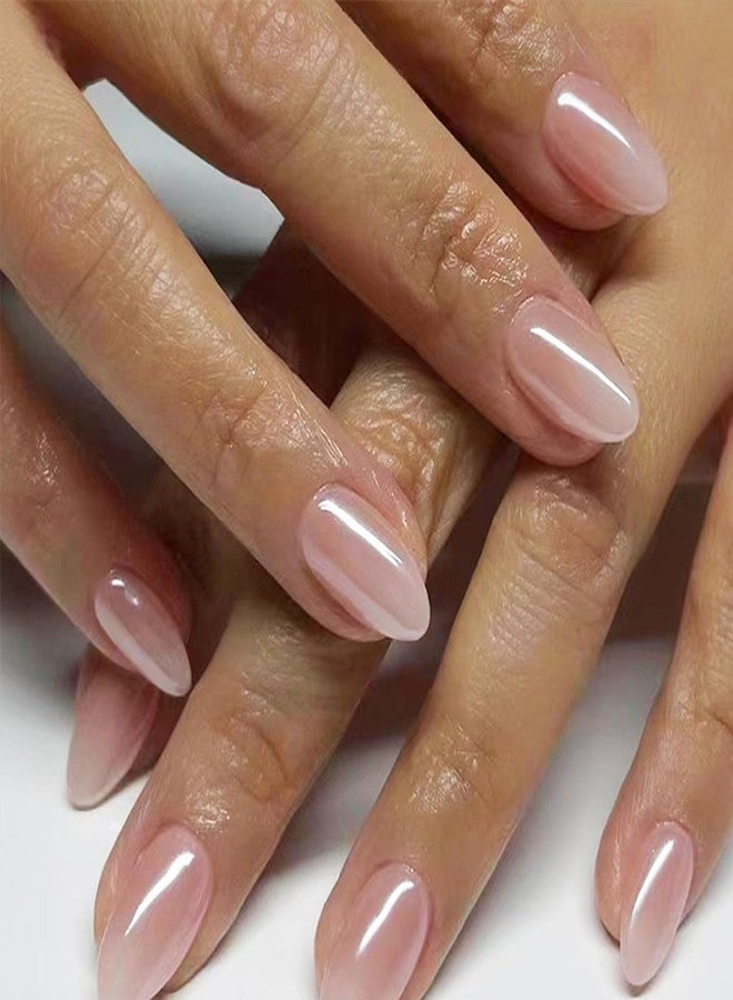 LRKNNO Almond Press on Nails Short Fake Nails Nude Glue on Nails with Designs Glossy Chrome False Nails French Almond Shaped Artificial Nails Reusable Stick on Nails for Women and Girls 24pcs - Image 1